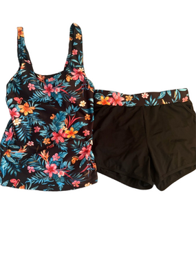 Yonique Tropical Black Tankini Shorts Swim 2 Piece Set Small